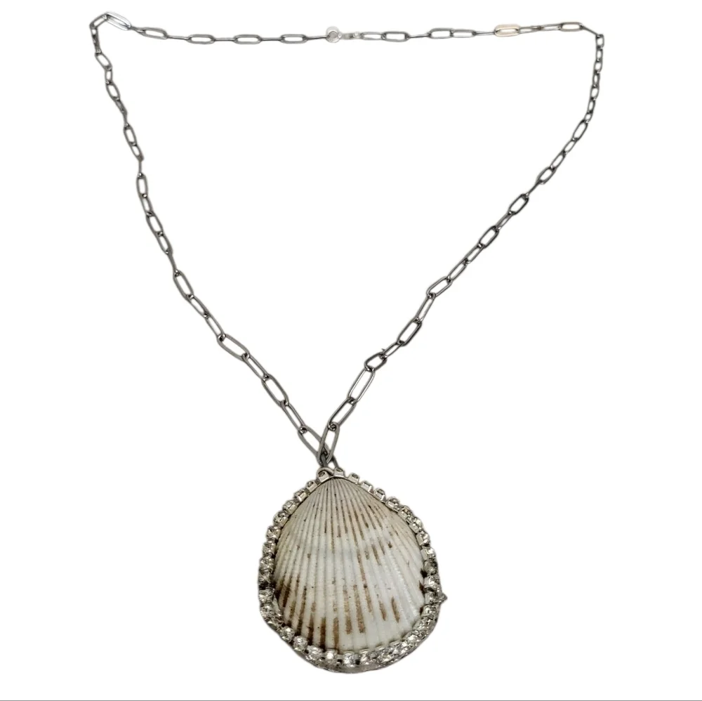 Shell Sea Shell Clear Rhinestones Stainless Steel Paperclip Chain Necklace